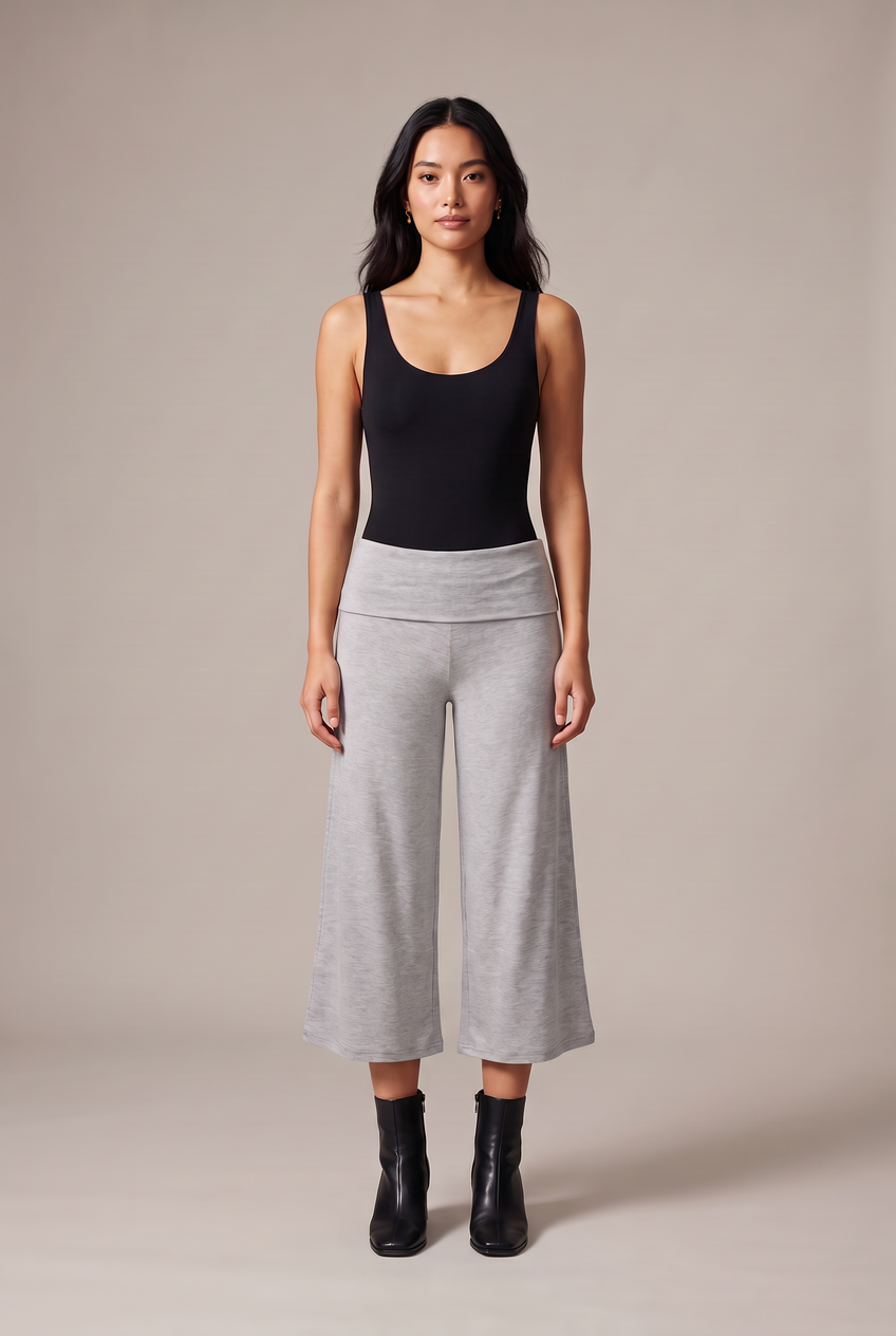 Kovelle fold-over waist trousers in grey, front view on model