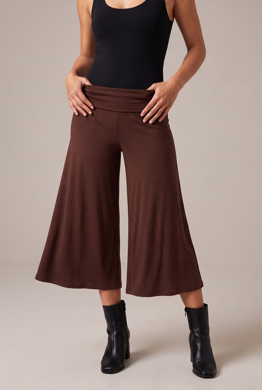 Kovelle fold-over waist trousers in chocolate, close-up detail on model