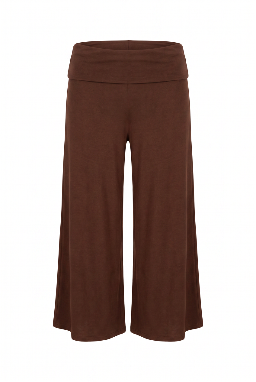 Kovelle fold-over waist trousers in chocolate, flat product view showing the full garment