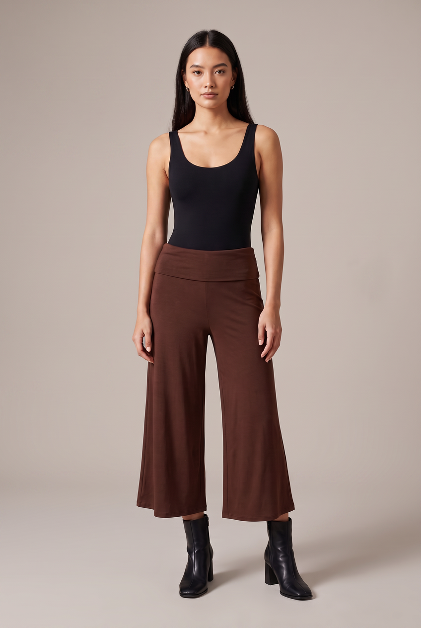 Kovelle fold-over waist trousers in chocolate, front view on model