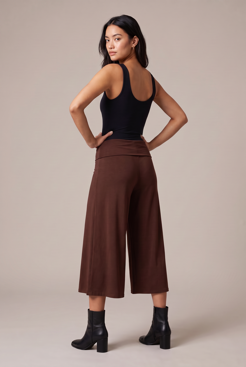 Kovelle fold-over waist trousers in chocolate, back view on model