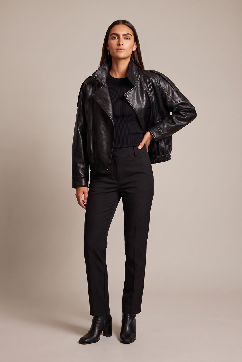 Kovelle funnel neck faux leather jacket in black, front view on model