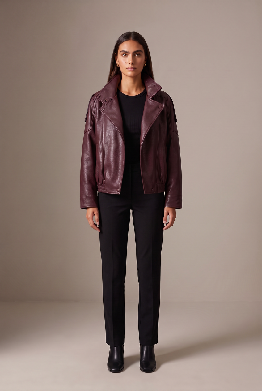 Kovelle funnel neck faux leather jacket in burgundy, front view on model