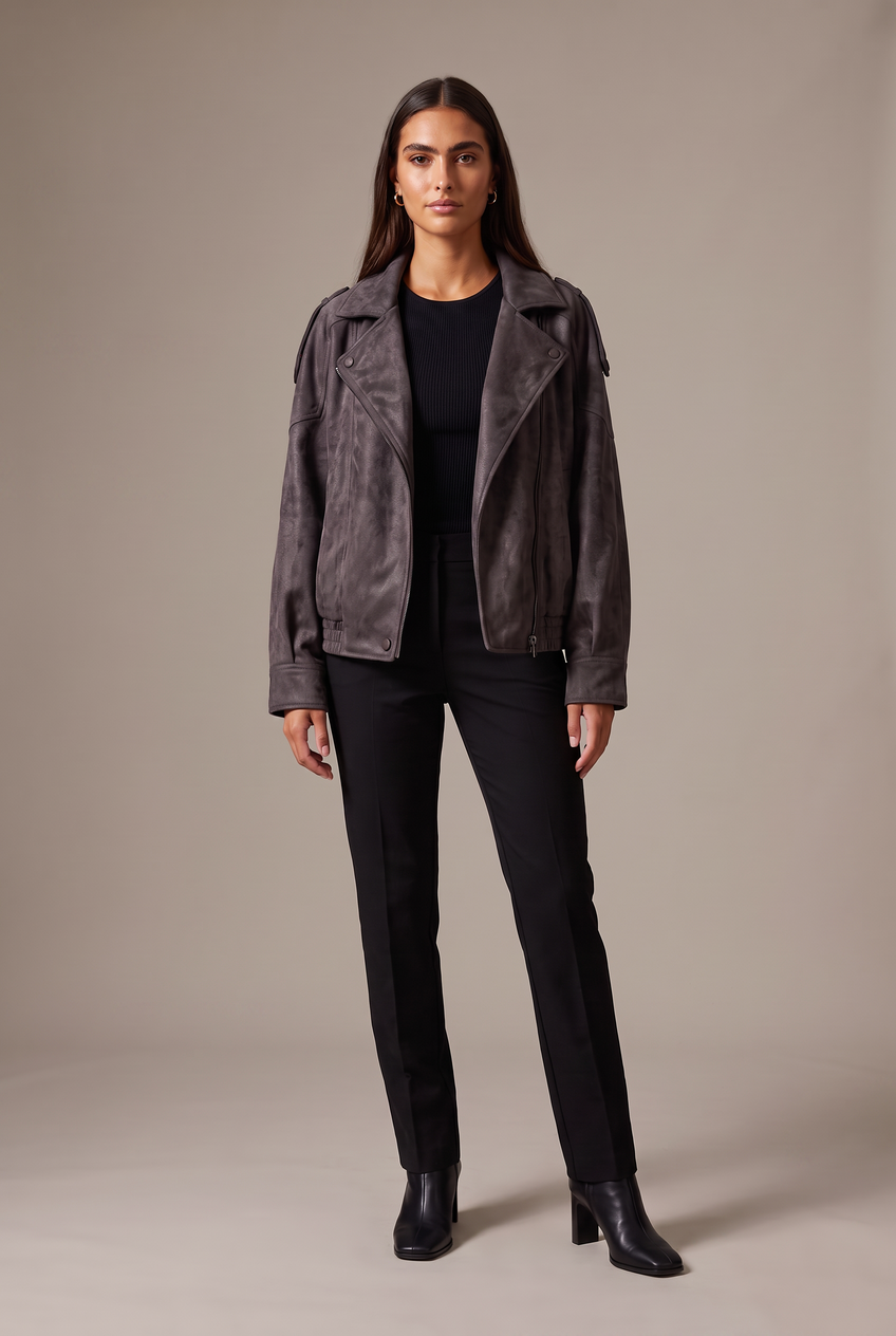 Kovelle funnel neck faux leather jacket in charcoal, front view on model