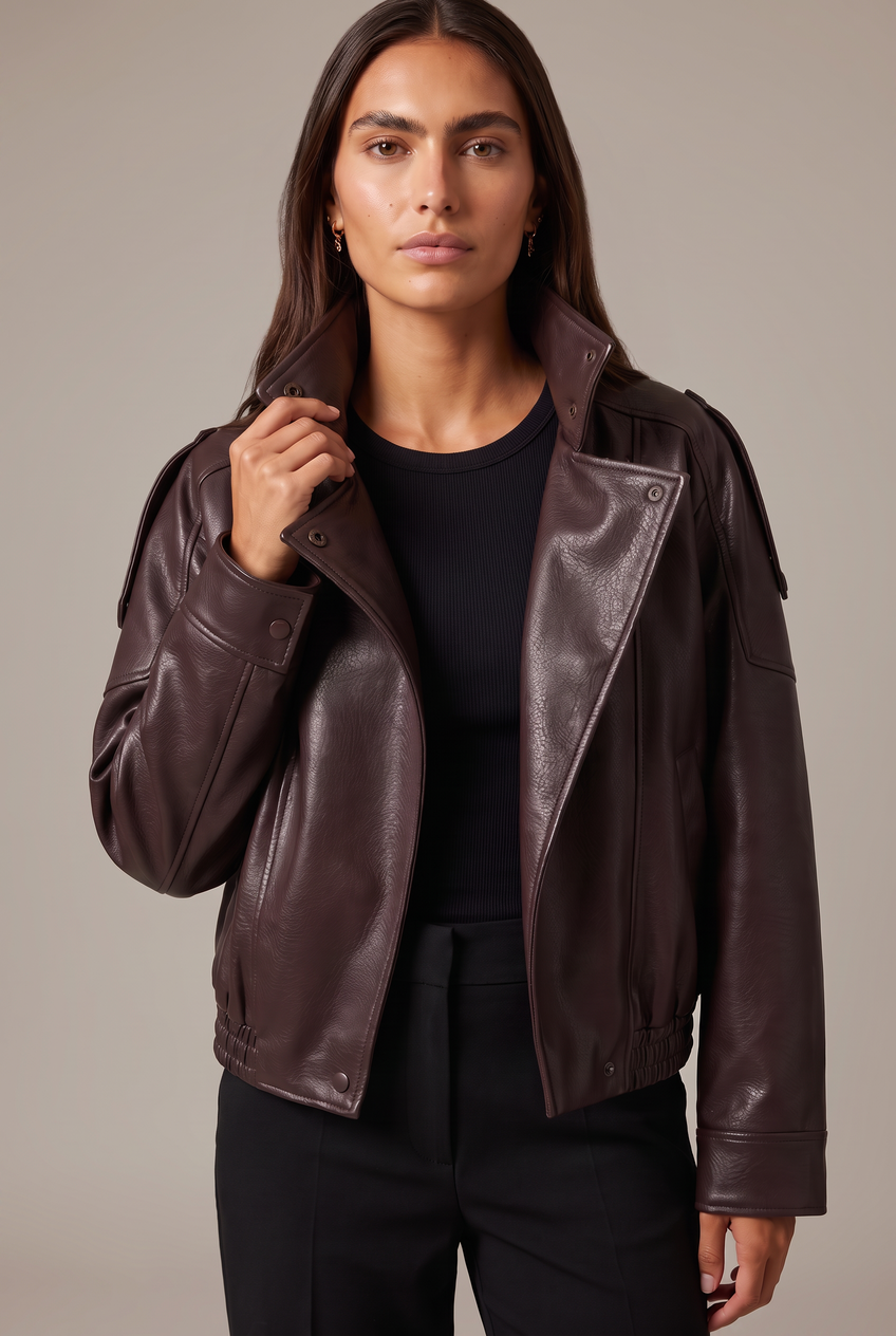 Kovelle funnel neck faux leather jacket in dark brown, close-up detail on model