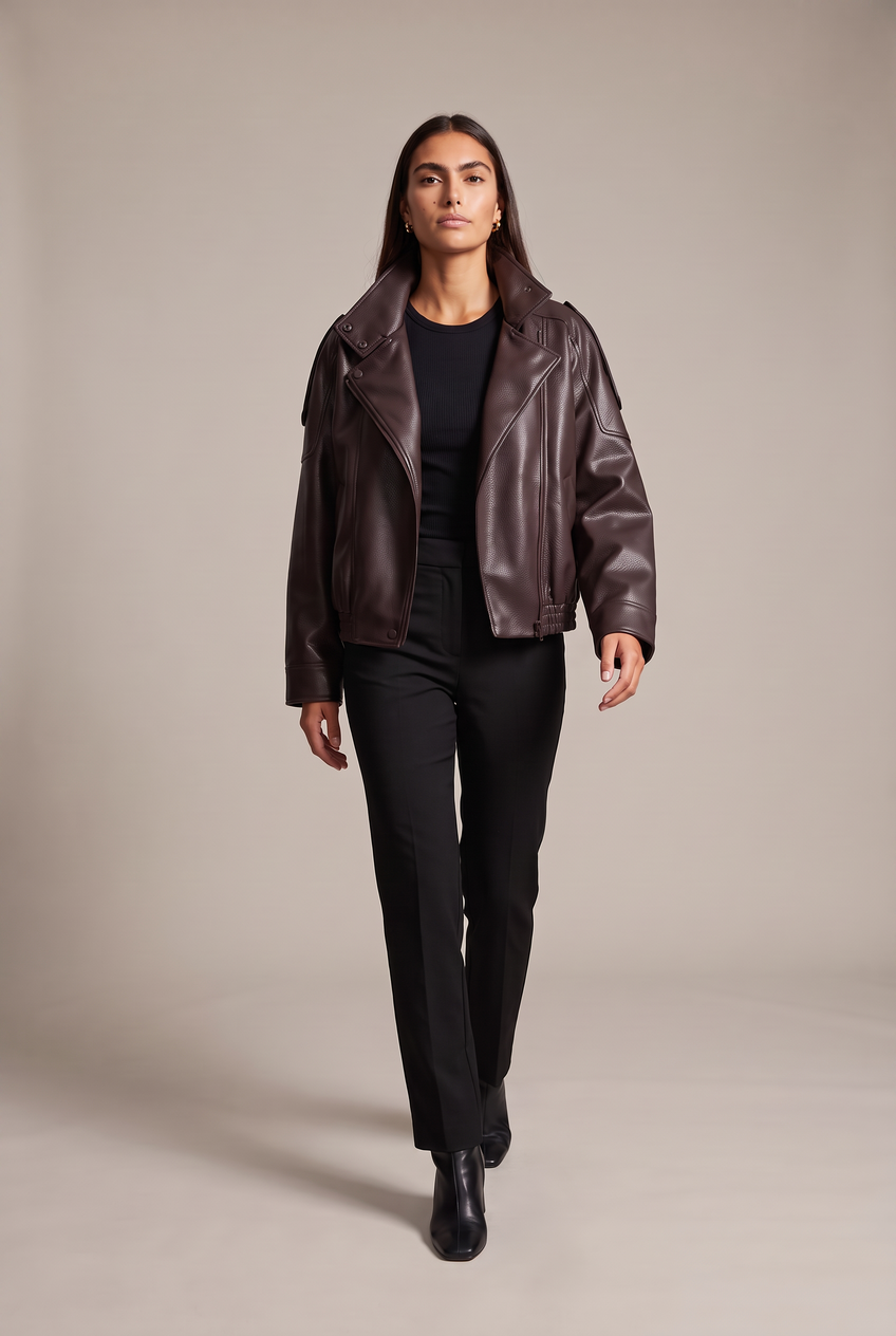 Kovelle funnel neck faux leather jacket in dark brown, walking, full length on model