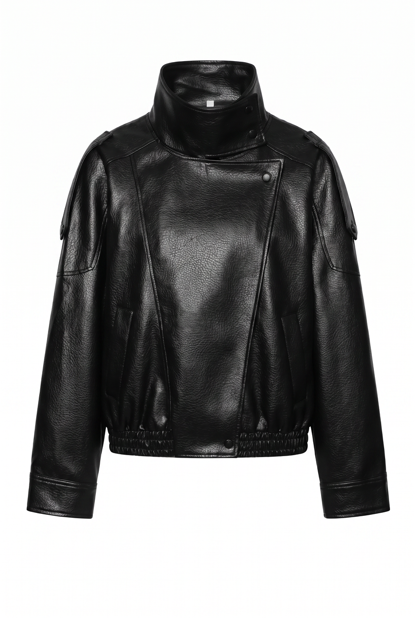 Kovelle funnel neck faux leather jacket in black, flat product view