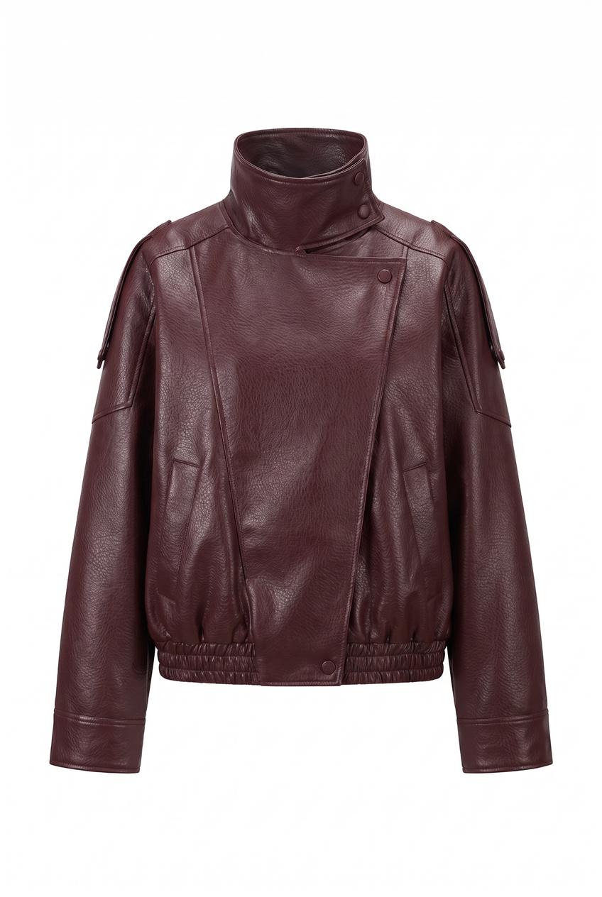 Kovelle funnel neck faux leather jacket in burgundy, flat product view