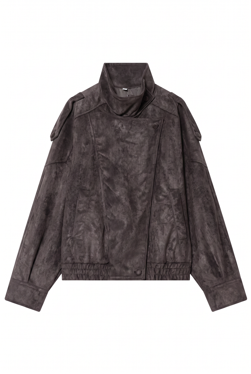 Kovelle funnel neck faux leather jacket in charcoal, flat product view