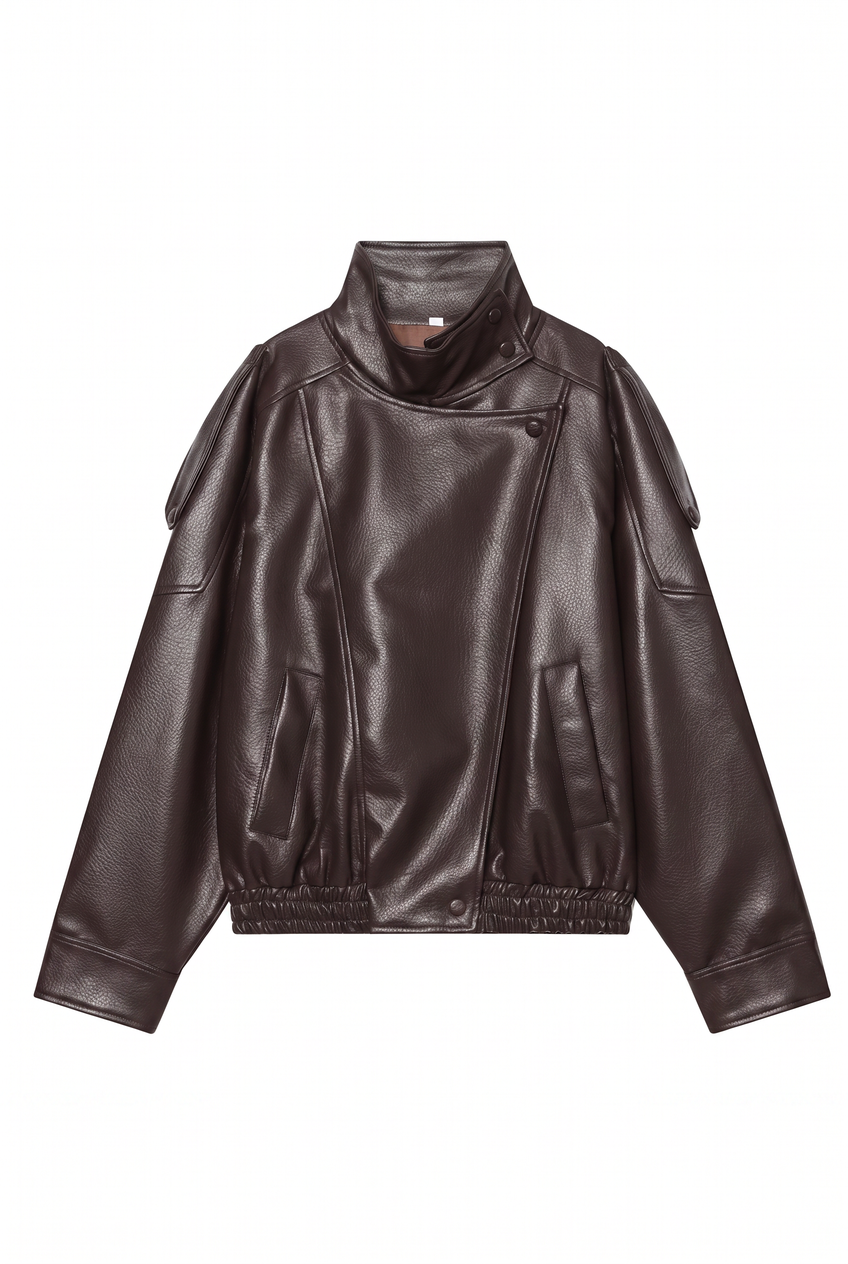 Kovelle funnel neck faux leather jacket in dark brown, flat product view showing the full garment