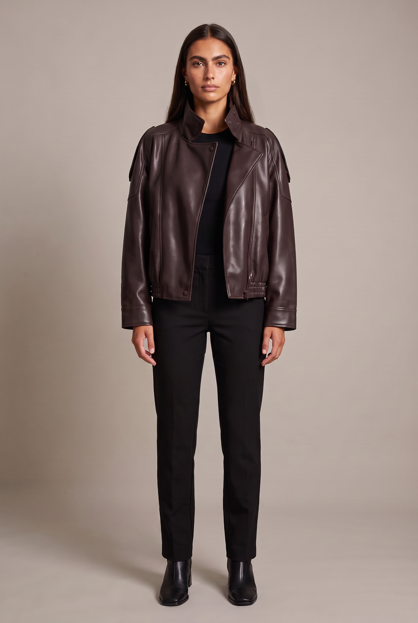 Kovelle funnel neck faux leather jacket in dark brown, front view on model