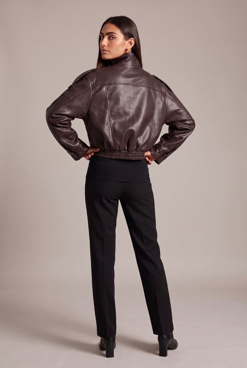 Kovelle funnel neck faux leather jacket in dark brown, back view on model