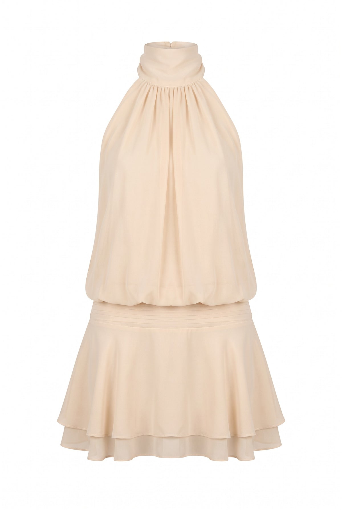 Kovelle gathered halter mini dress in champagne, flat product view