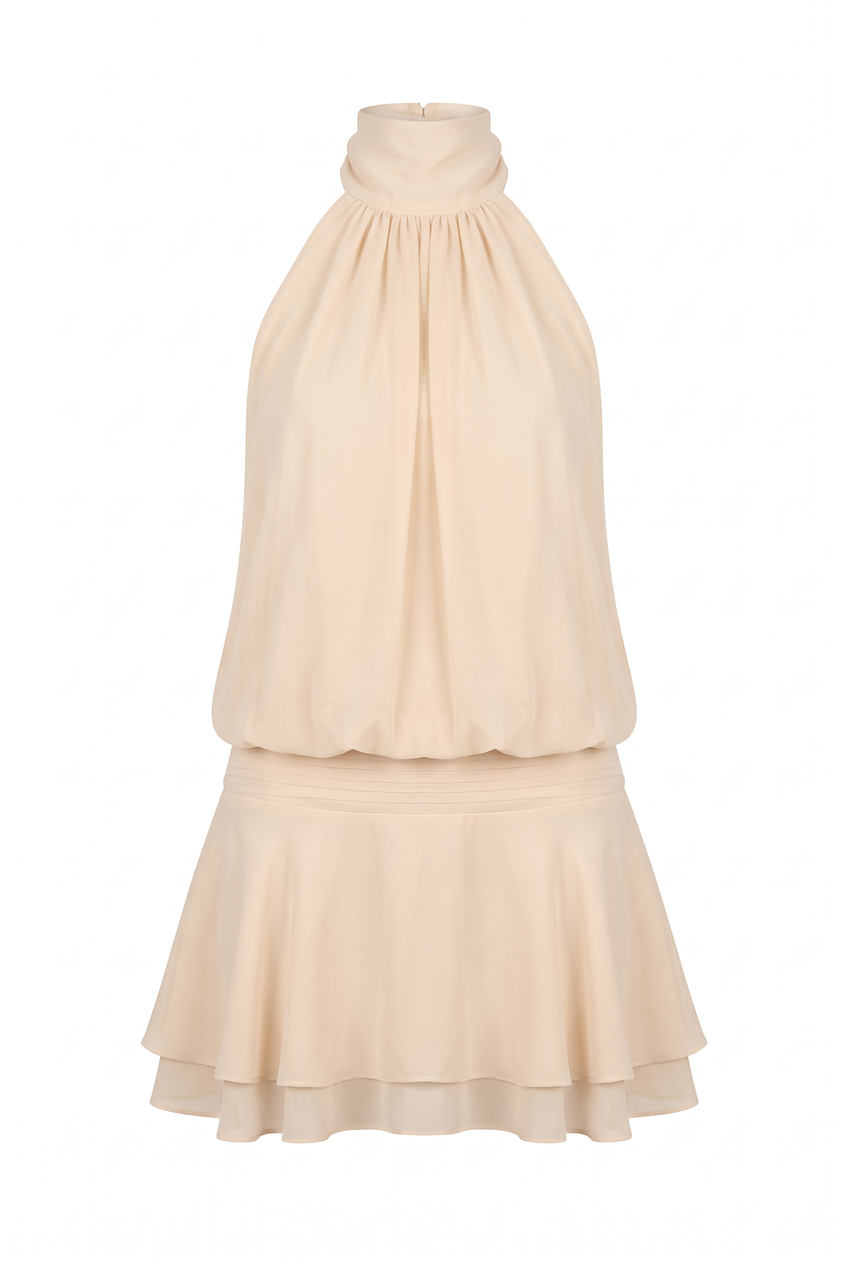 Kovelle gathered halter mini dress in champagne, flat product view
