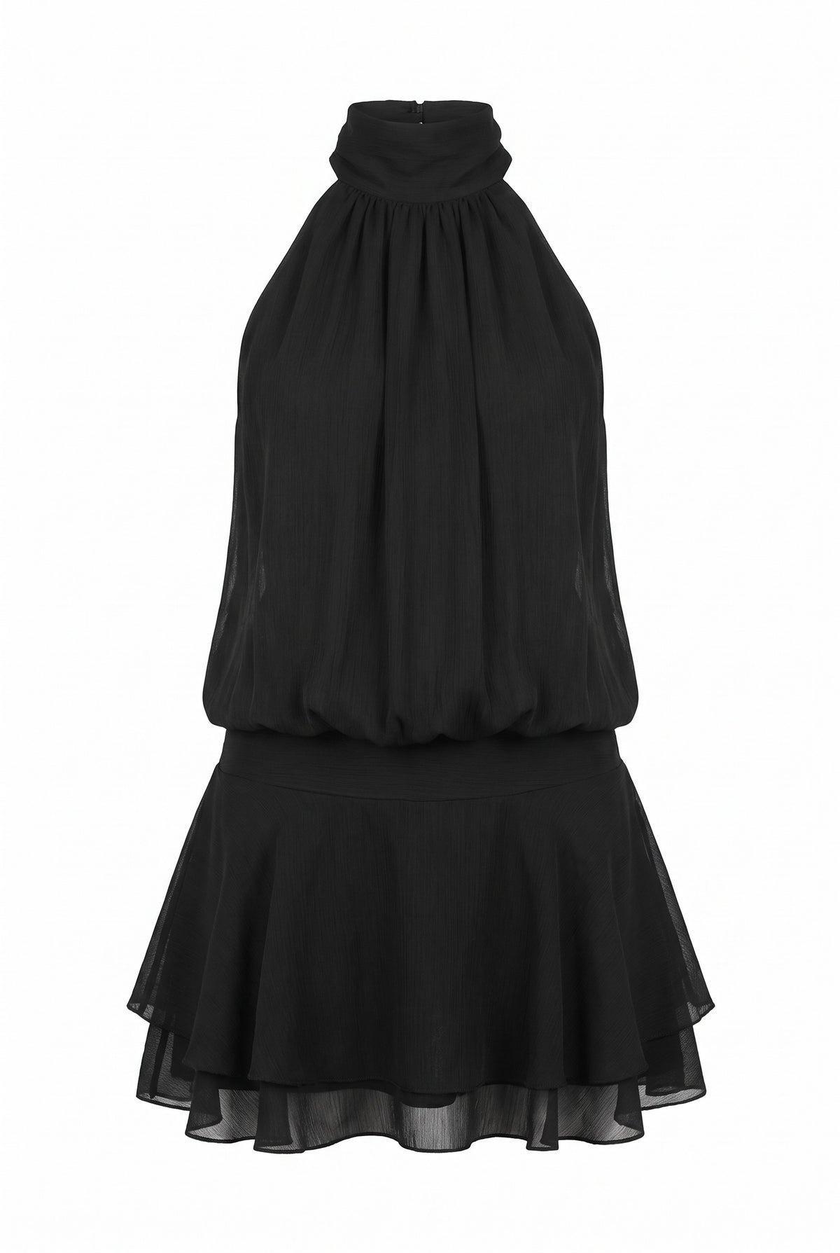 Kovelle gathered halter mini dress in black, flat product view