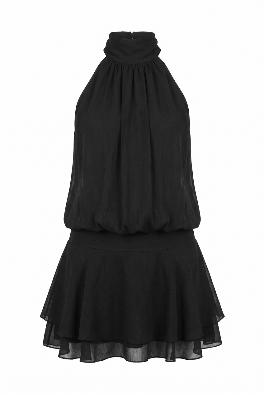 Kovelle gathered halter mini dress in black, flat product view