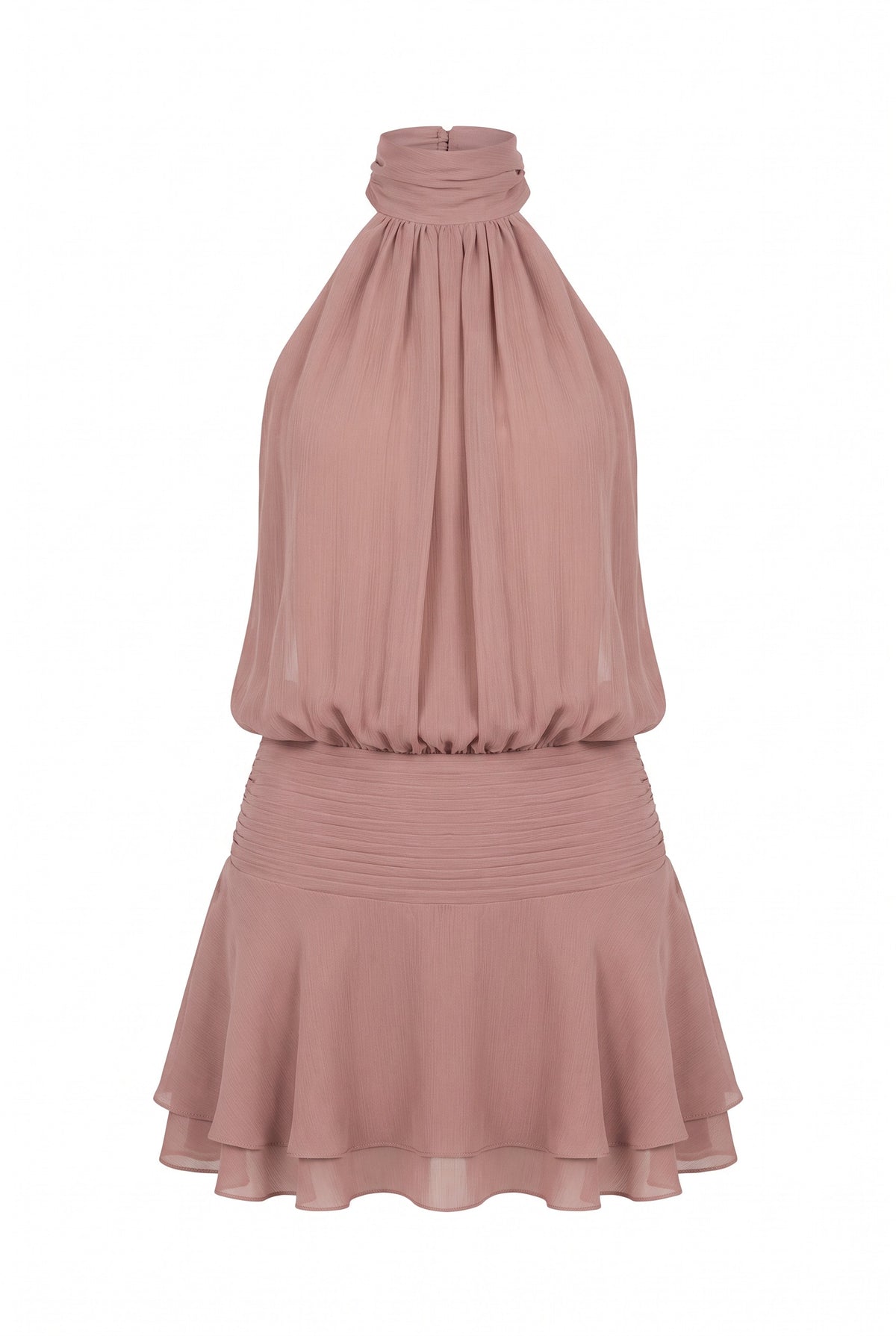 Kovelle gathered halter mini dress in dusty rose, flat product view showing the full garment