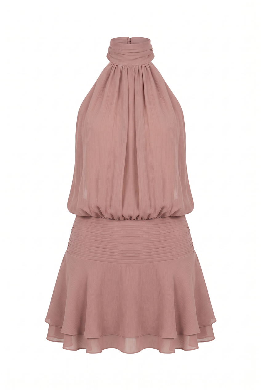 Kovelle gathered halter mini dress in dusty rose, flat product view showing the full garment