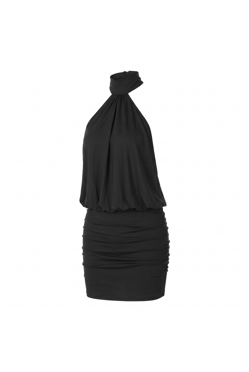 Kovelle halter blouson mini dress in black, flat product view showing the full garment