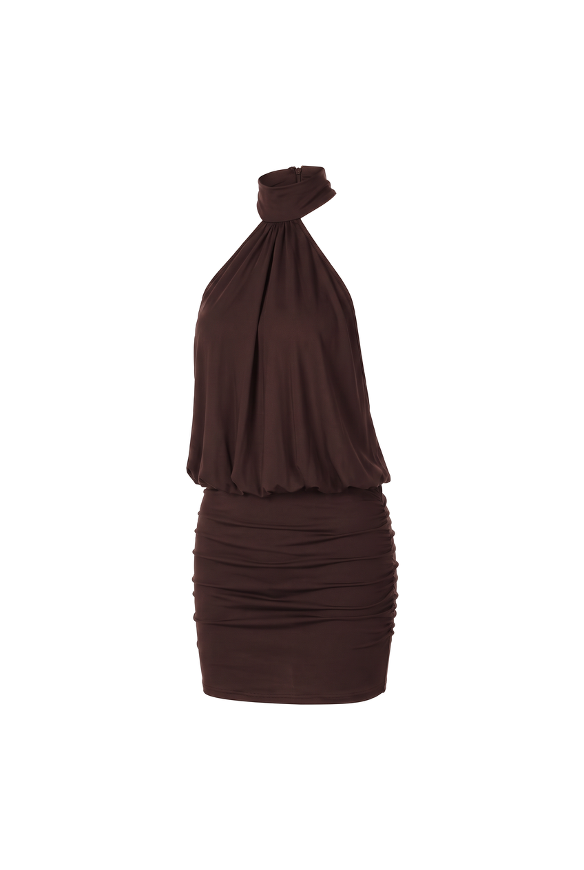 Kovelle halter blouson mini dress in coffee, flat product view