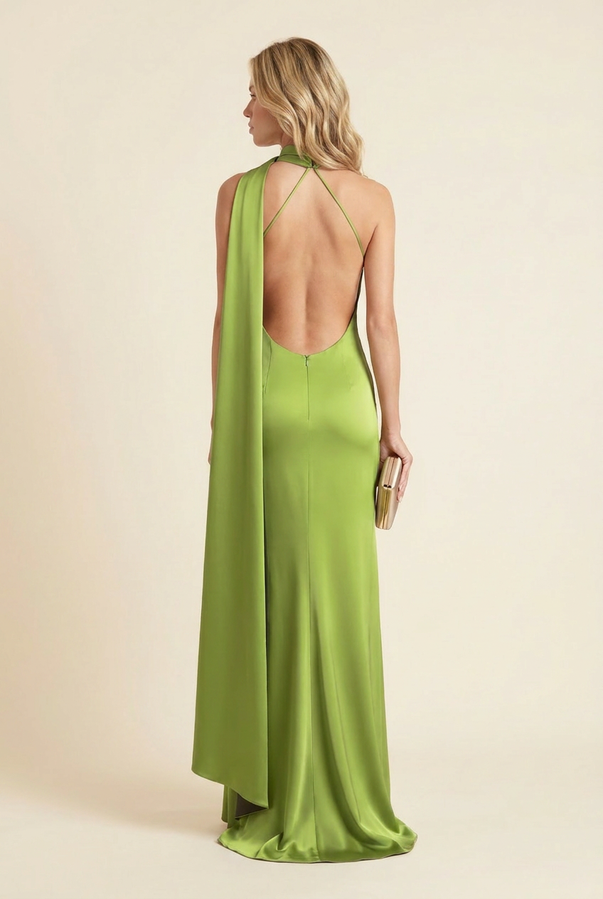 Kovelle halter cape back satin maxi dress in green, open back with cape panel on model