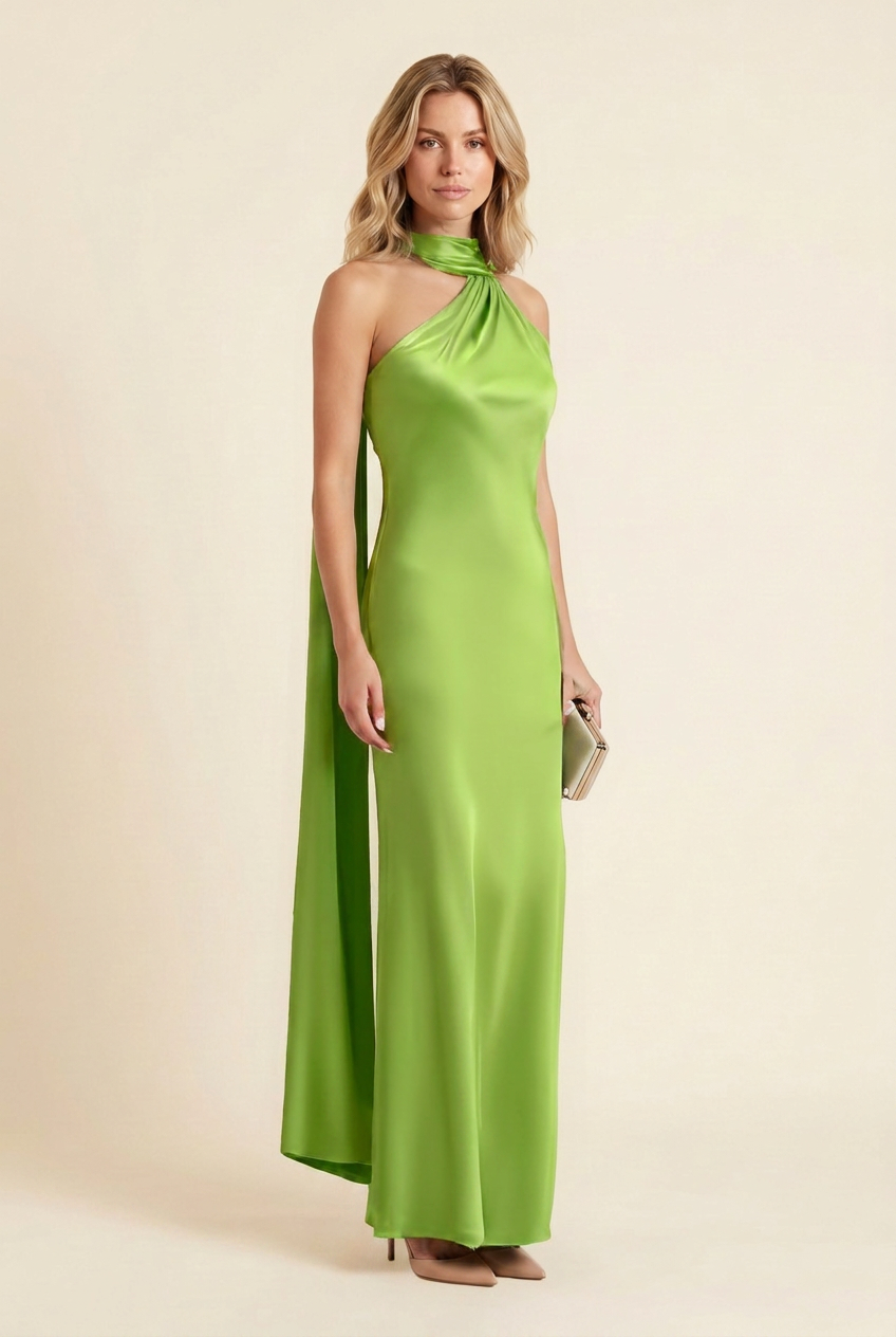 Kovelle halter cape back satin maxi dress in green, front view on model