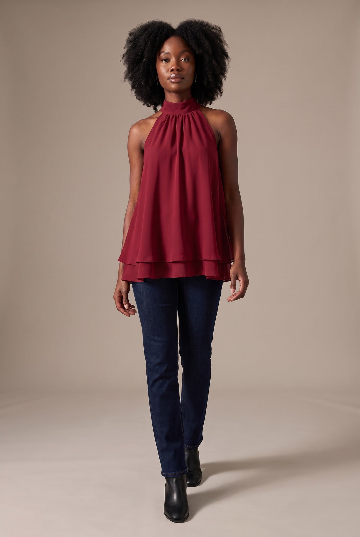 Kovelle halter ruffle hem blouse in red, walking, full length on model