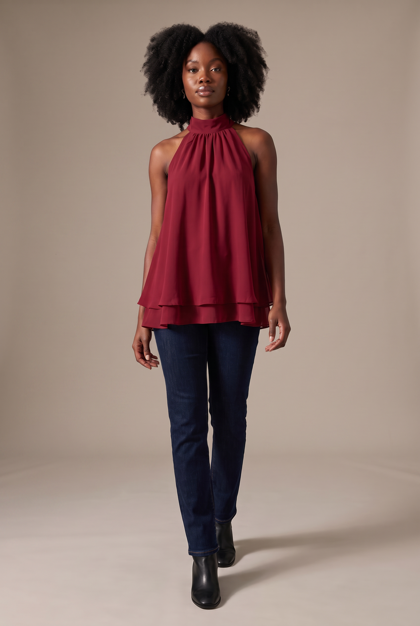 Kovelle halter ruffle hem blouse in red, walking, full length on model