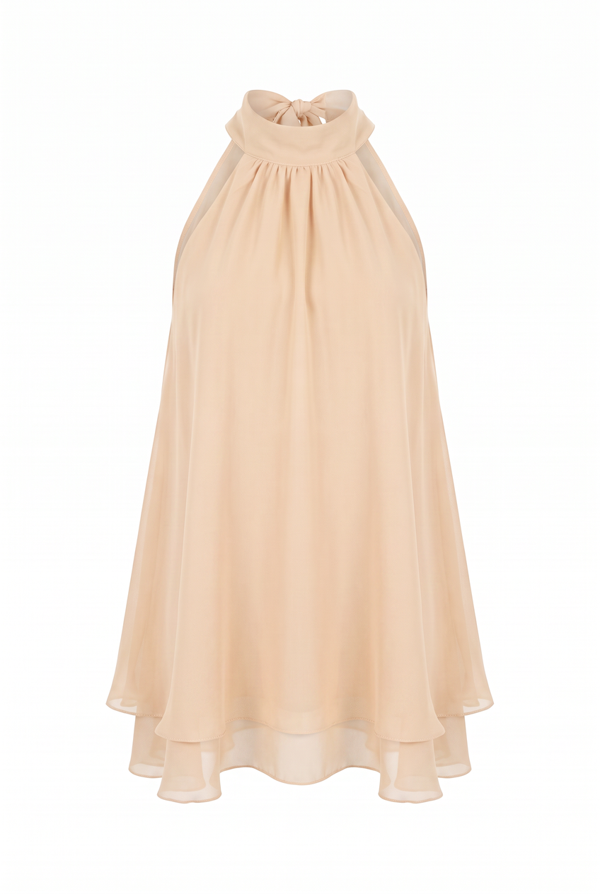 Kovelle halter ruffle hem blouse in apricot, flat product view