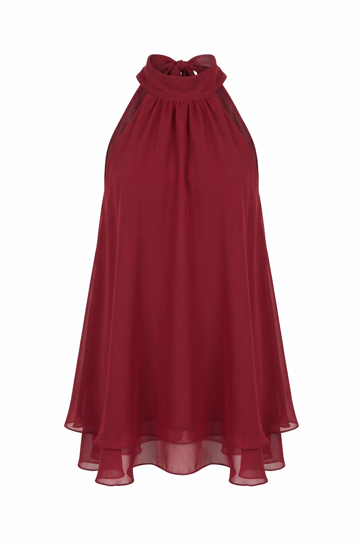 Kovelle halter ruffle hem blouse in red, flat product view showing the full garment