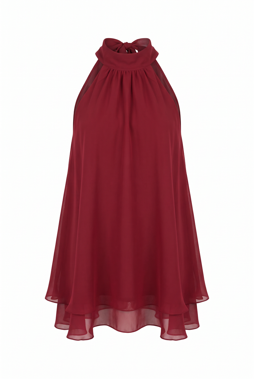 Kovelle halter ruffle hem blouse in red, flat product view showing the full garment