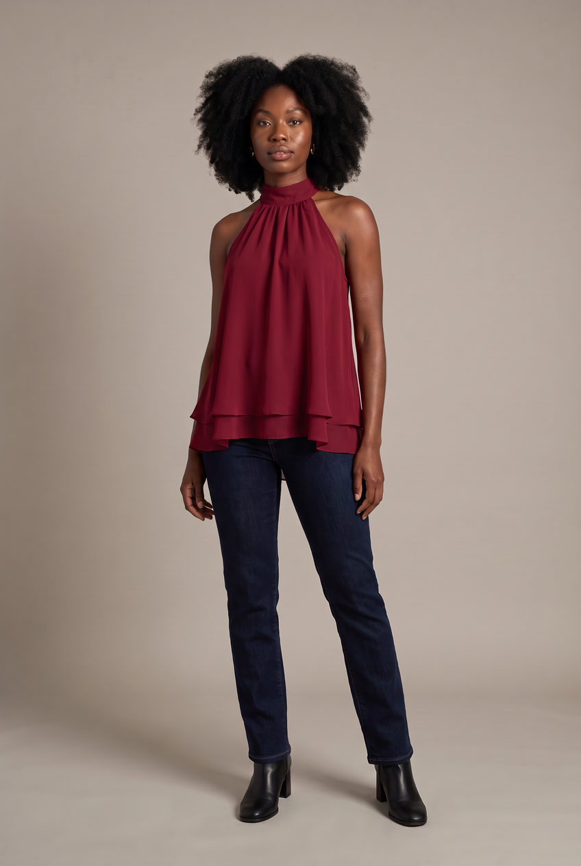 Kovelle halter ruffle hem blouse in red, front view on model