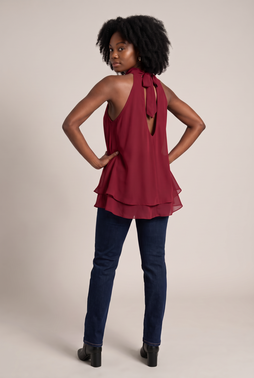 Kovelle halter ruffle hem blouse in red, back view on model
