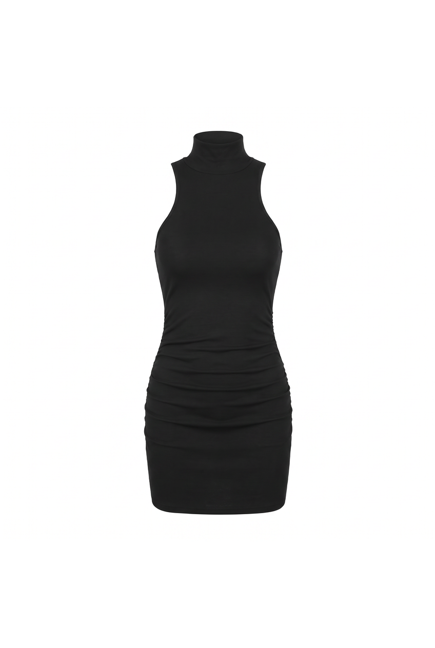 Kovelle high neck ruched mini dress in black, flat product view showing the full garment
