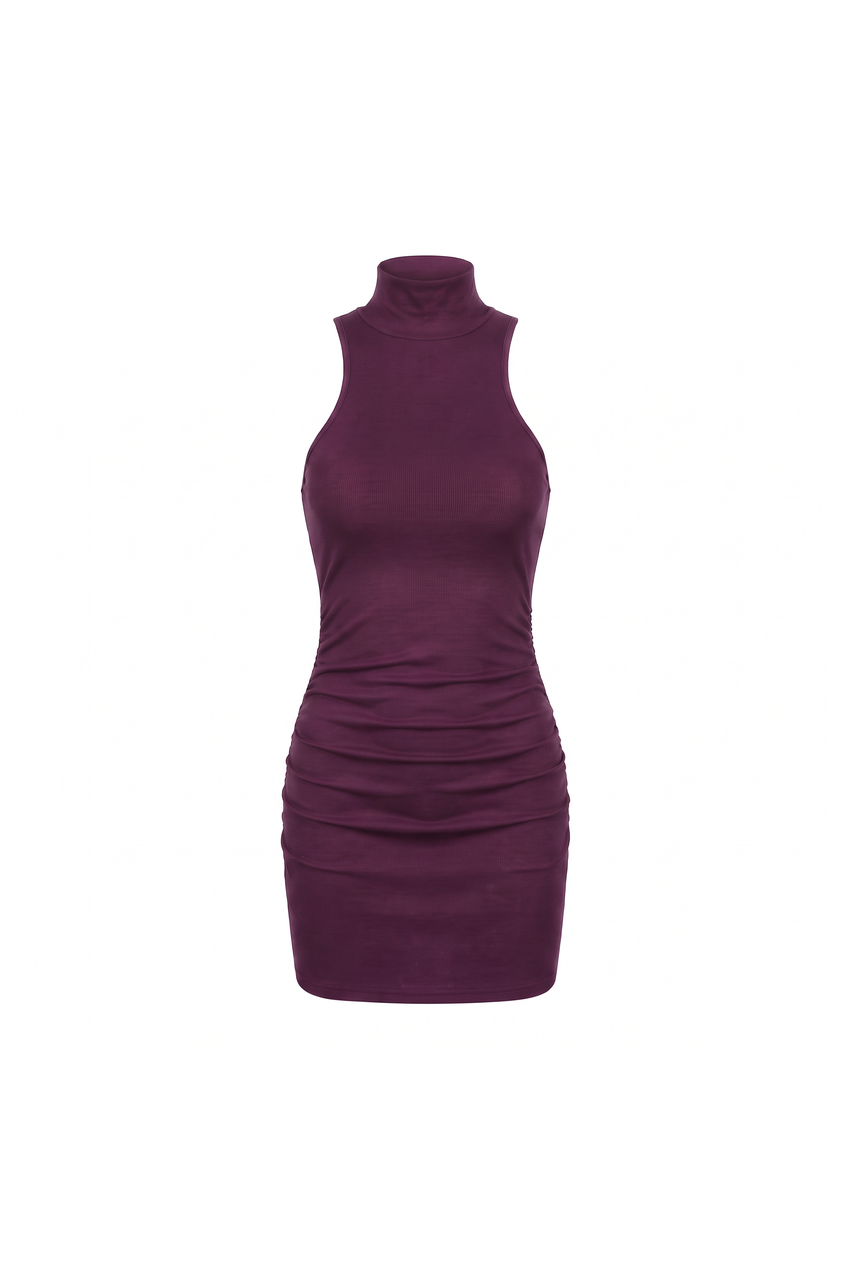 Kovelle high neck ruched mini dress in plum, flat product view
