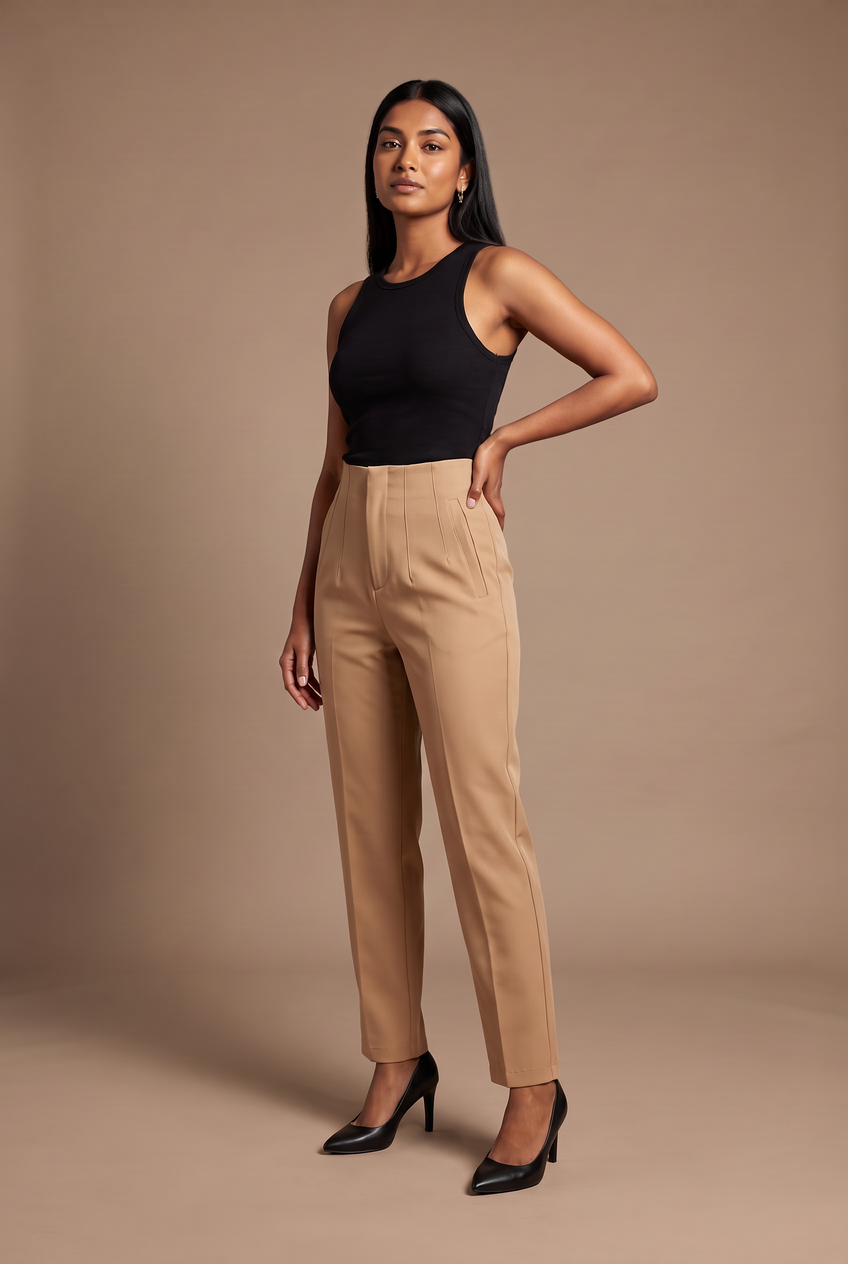 Kovelle high waist tailored trousers in camel, front view on model
