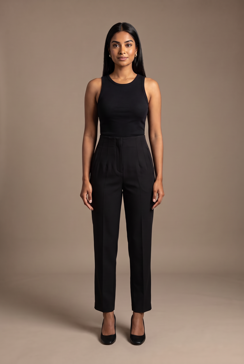 Kovelle high waist tailored trousers in black, front view on model