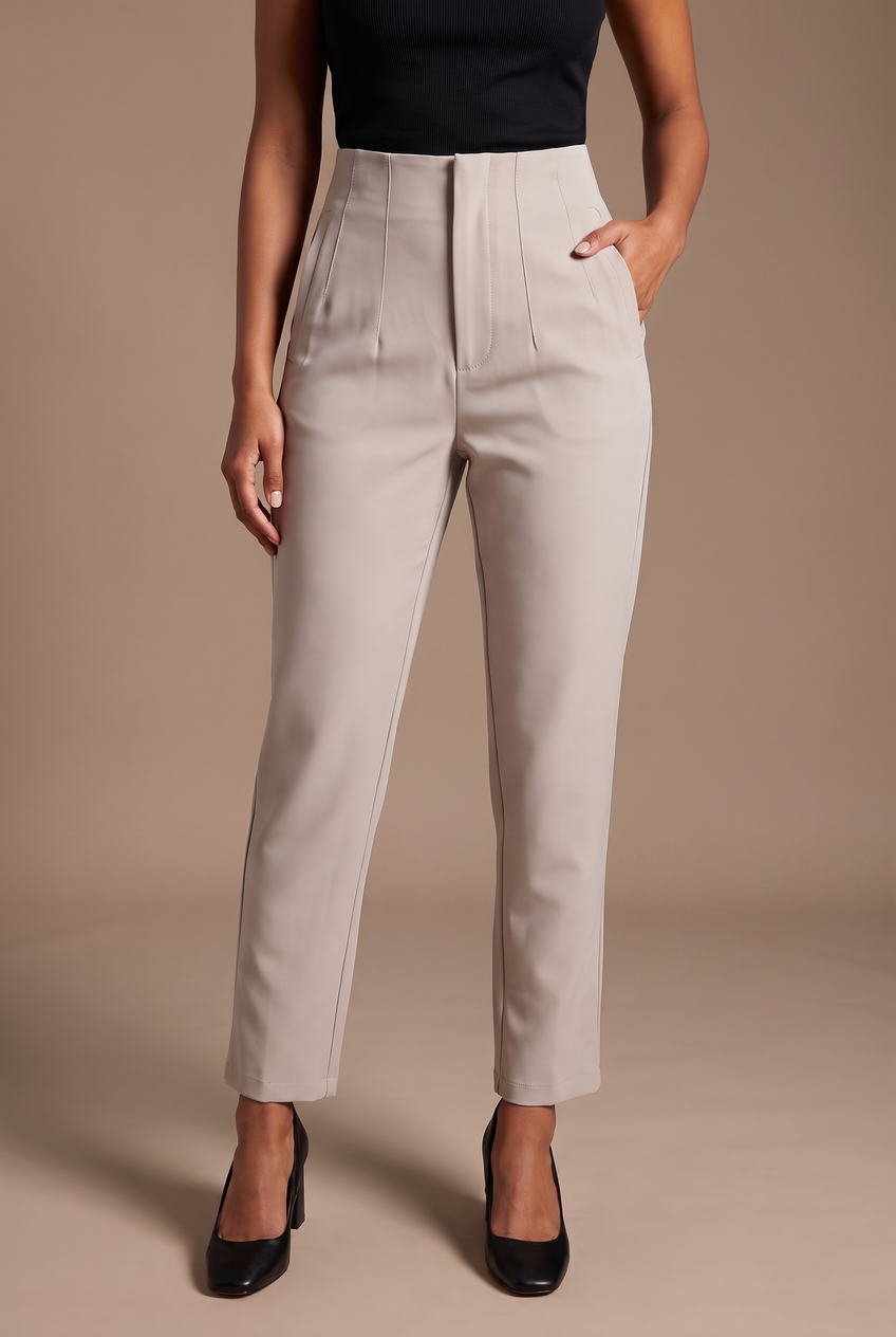 Kovelle high waist tailored trousers in taupe, close-up detail on model