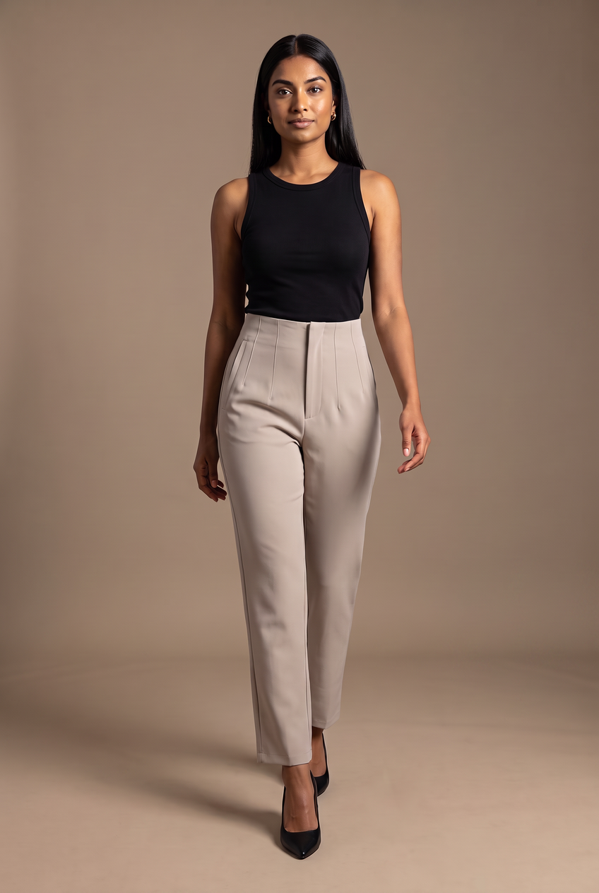 Kovelle high waist tailored trousers in taupe, walking, full length on model