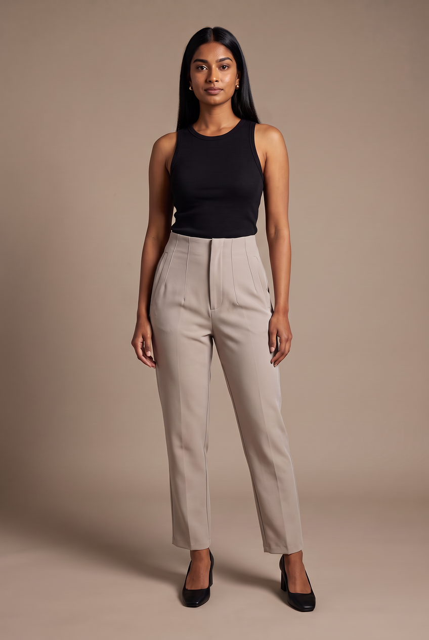 Kovelle high waist tailored trousers in taupe, front view on model
