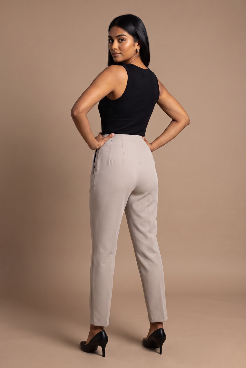 Kovelle high waist tailored trousers in taupe, back view on model
