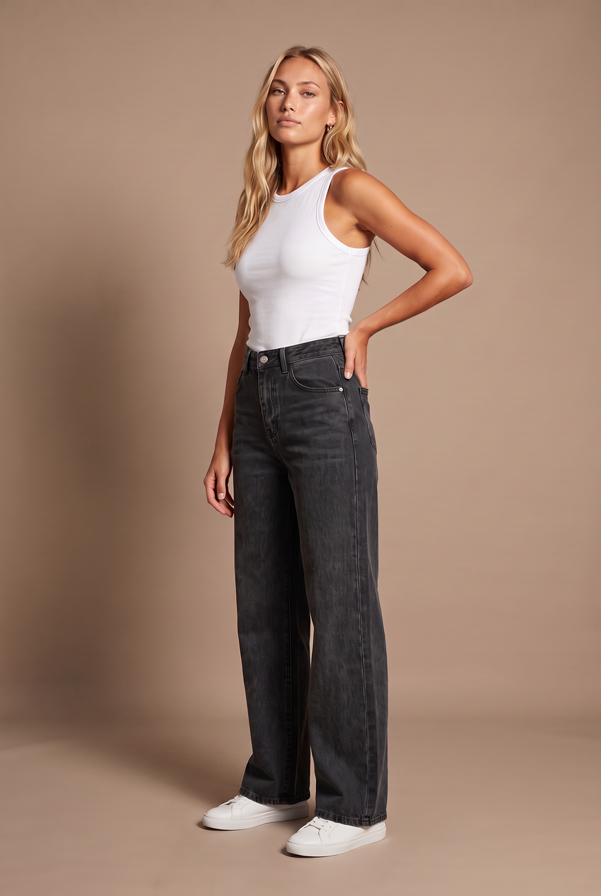 Kovelle high waist wide leg jeans in black, front view on model
