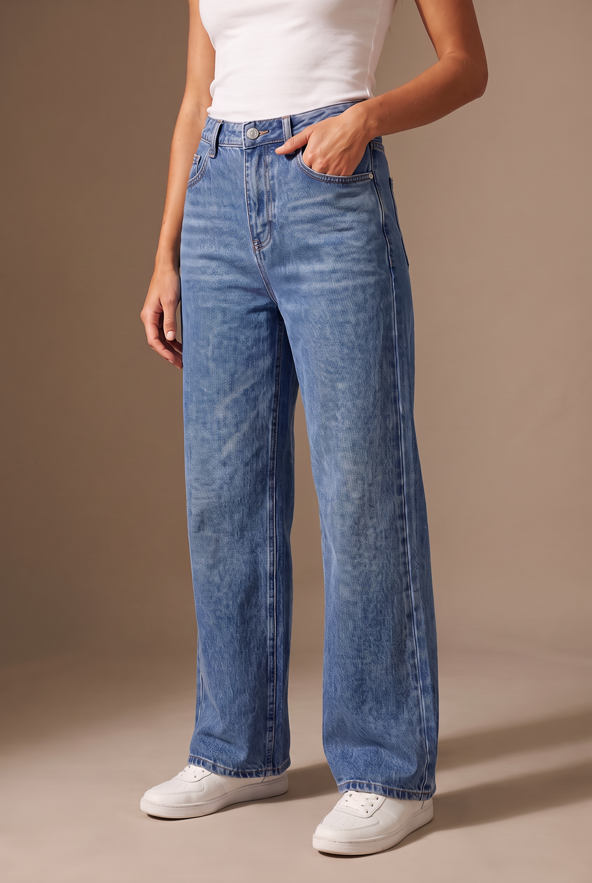 Kovelle high waist wide leg jeans in mid blue, close-up detail on model