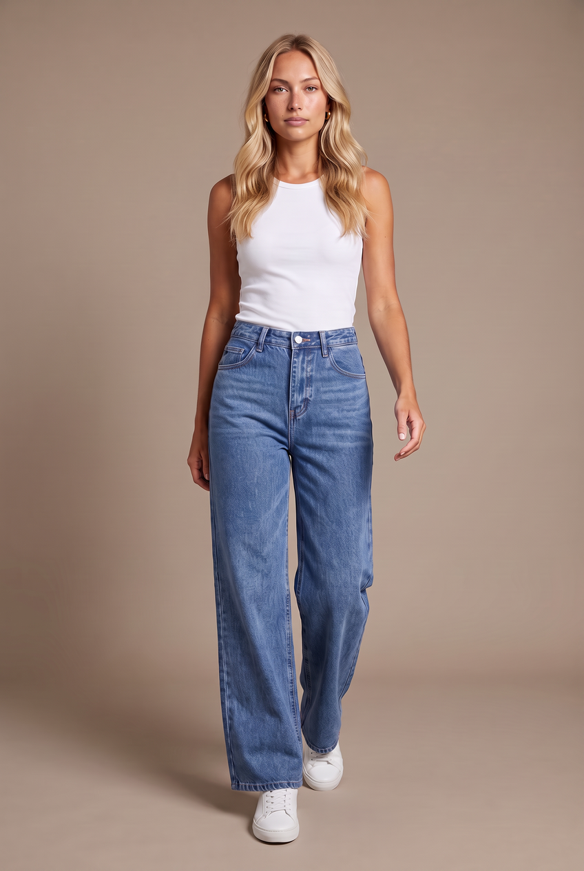 Kovelle high waist wide leg jeans in mid blue, walking, full length on model