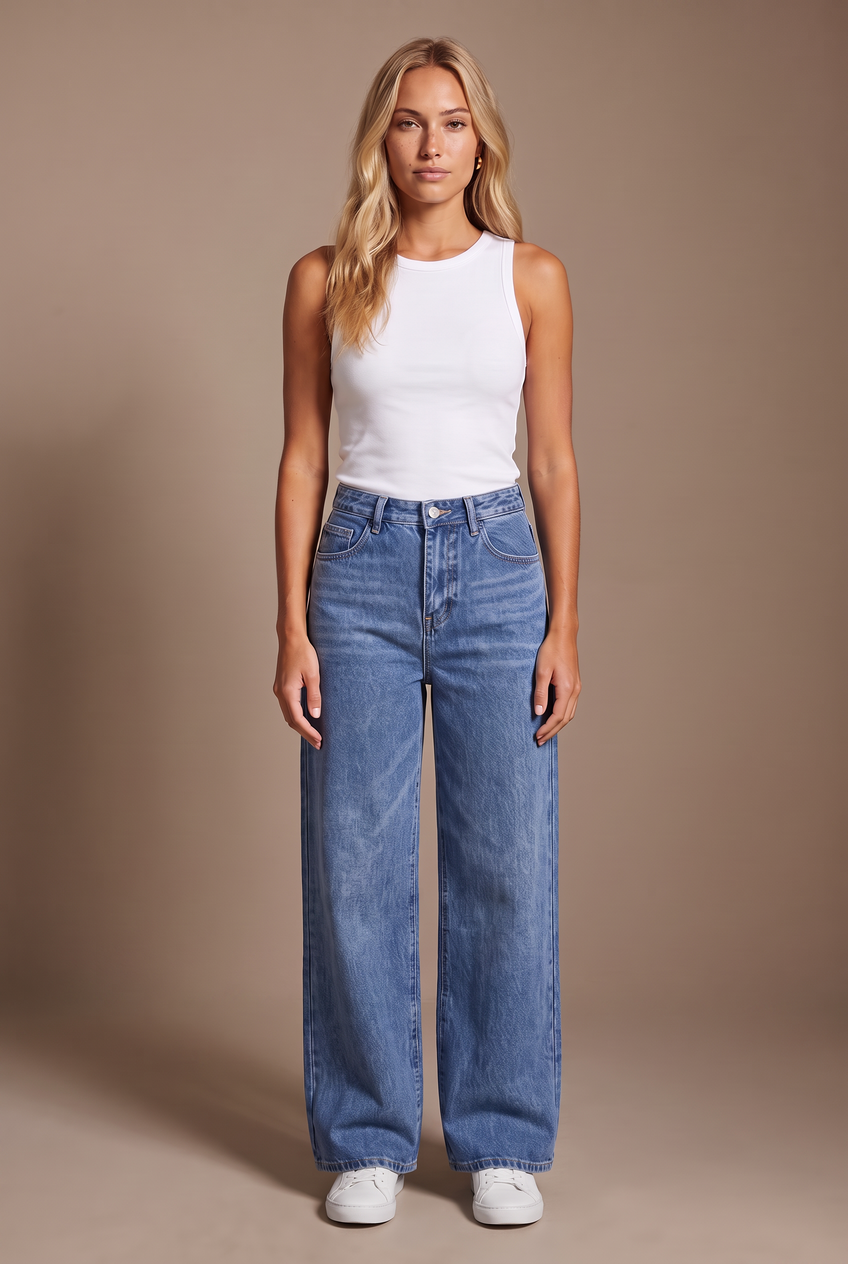 Kovelle high waist wide leg jeans in mid blue, front view on model