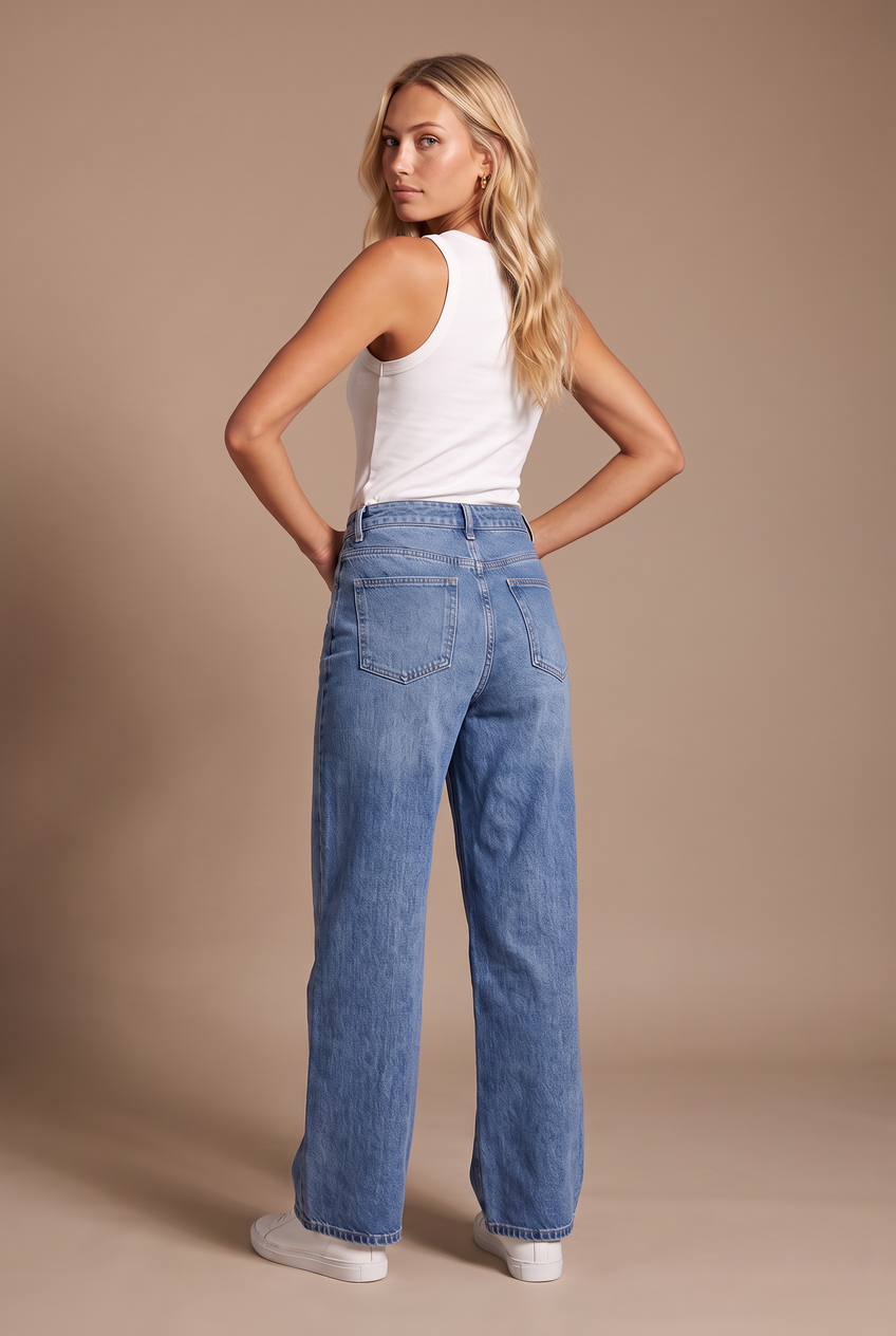 Kovelle high waist wide leg jeans in mid blue, back view on model