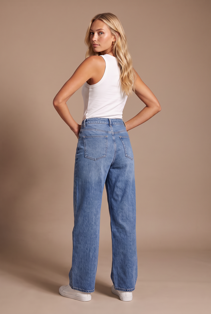 Kovelle high waist wide leg jeans in mid blue, back view on model