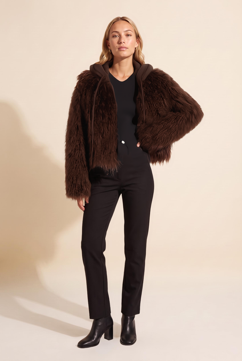 Kovelle hooded cropped faux fur jacket in chocolate, front view on model