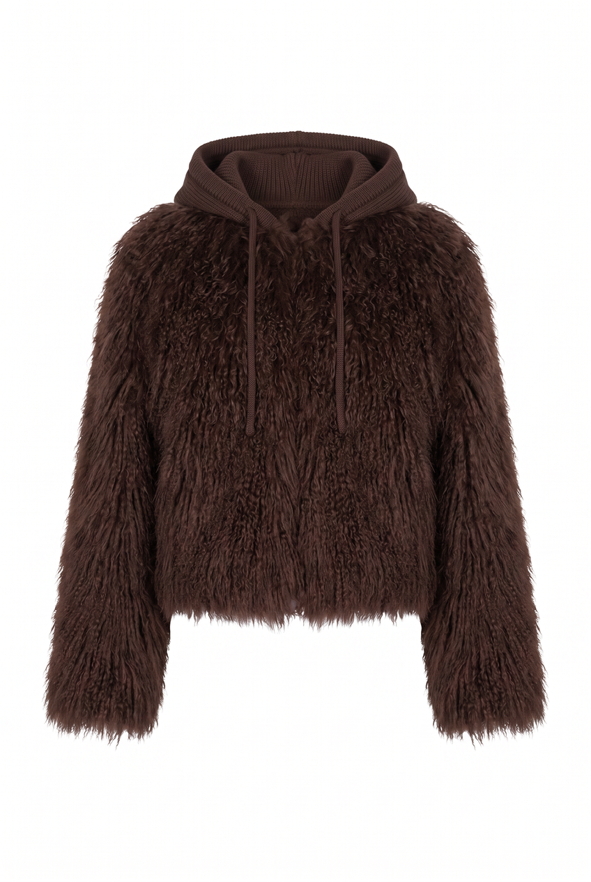 Kovelle hooded cropped faux fur jacket in chocolate, flat product view