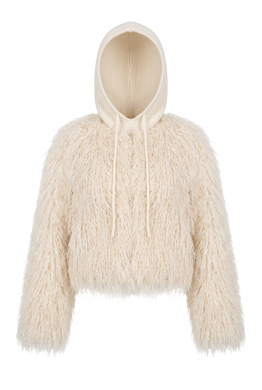 Kovelle hooded cropped faux fur jacket in cream, flat product view showing the full garment